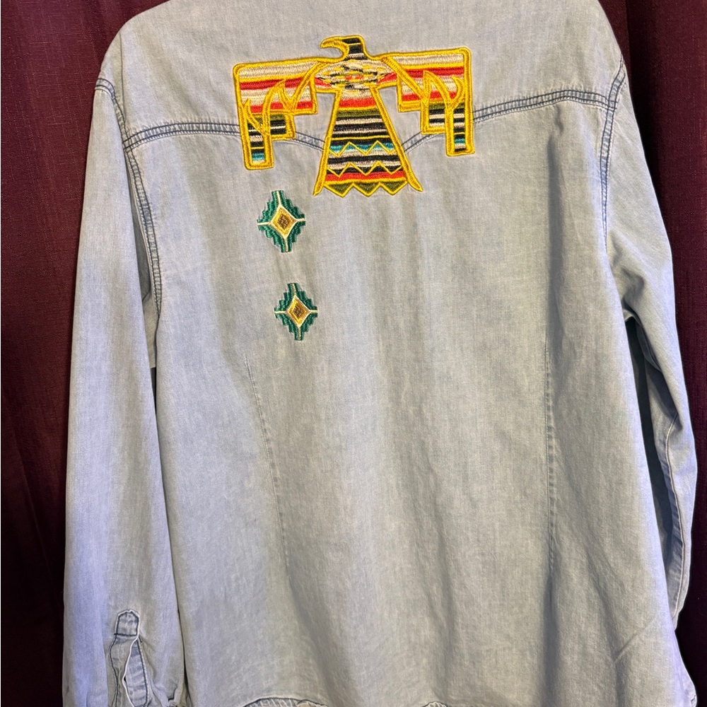 Fashion Express Embroidered Denim Shirt with Colorful Design